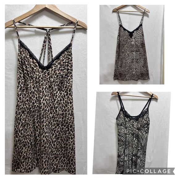 Animal Print Leopard Nightgown Slip Dress (3) M Blk Brown Lace Coquette Feminine - Picture 1 of 6